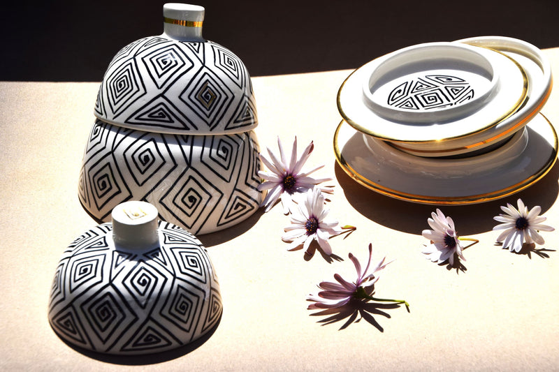 A set of three black, white and gold tajine inspired butter dishes