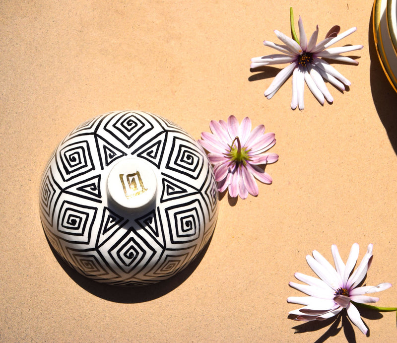 A set of three black, white and gold tajine inspired butter dishes