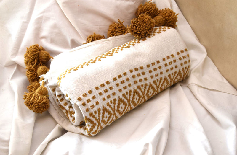 Mustard on White Cotton Blanket