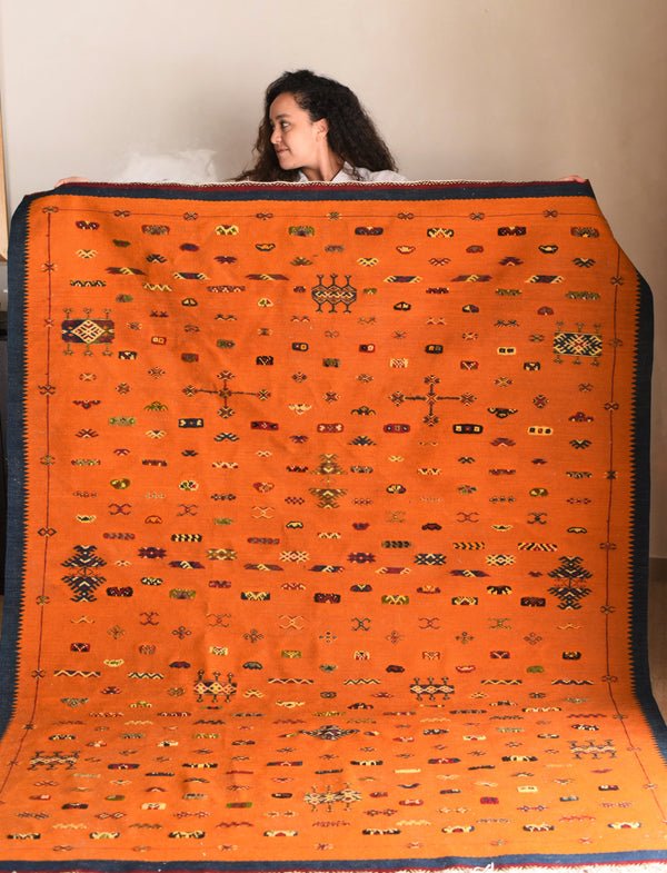 Orange Taznakht Rug with Blue Amazigh Symbols