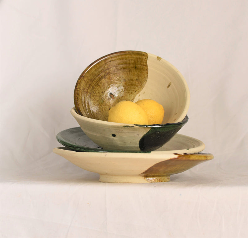 A green half dipped Tamegrout Plate and Bowl