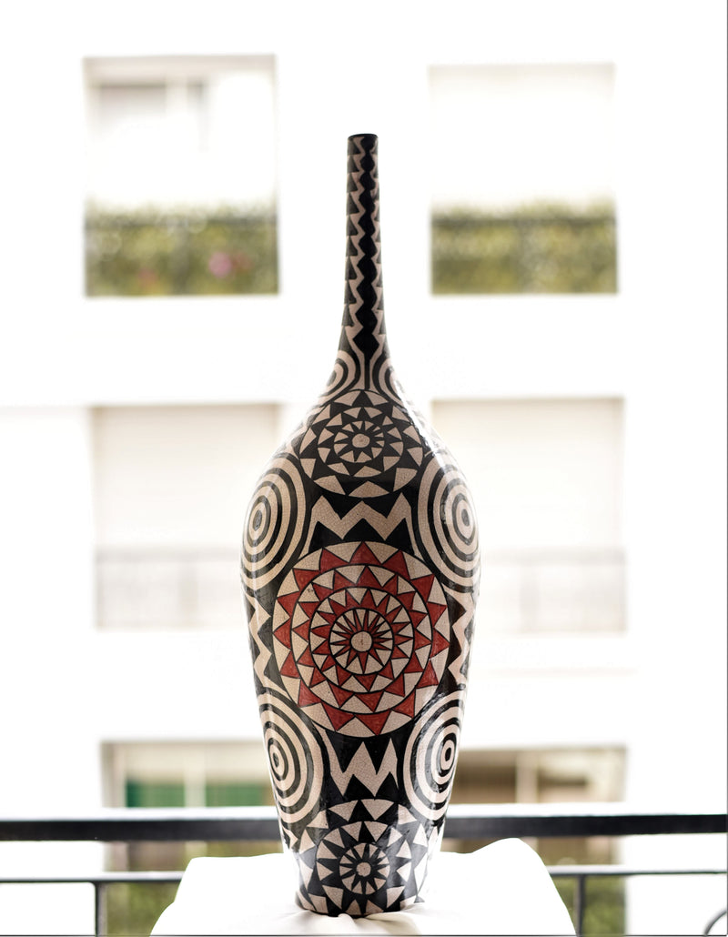 Black, White and Red Naive Art Vase